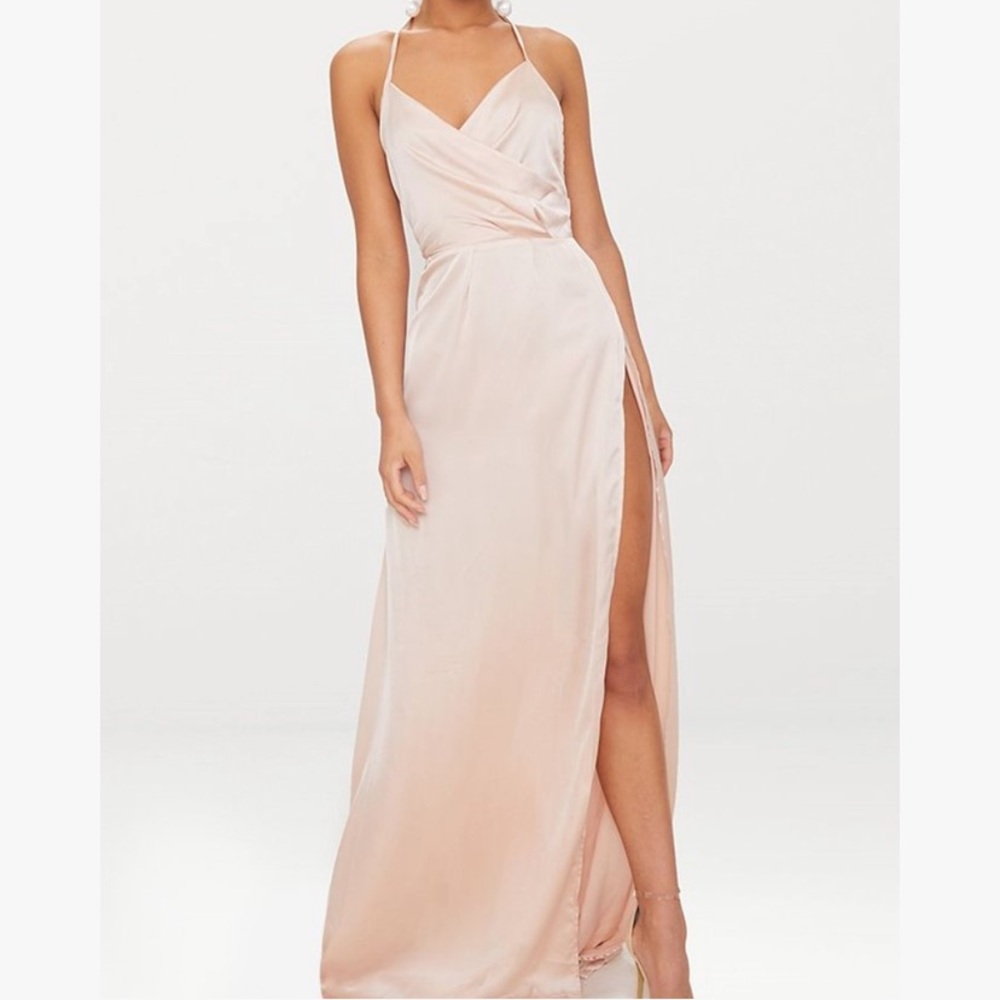 Champagne Silky Plunge Extreme Split Maxi Dress